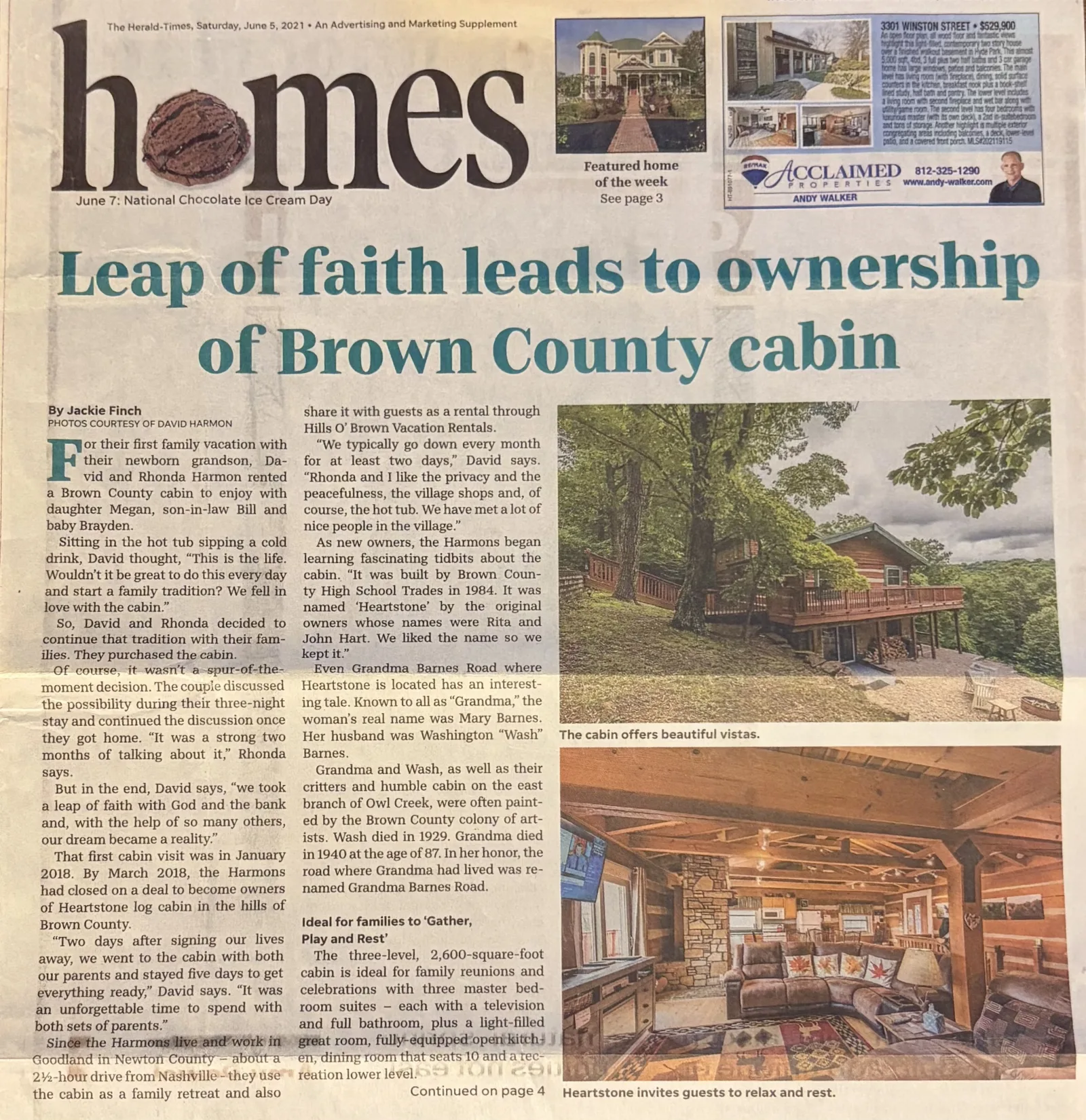 The Herald Times news clipping: Leap of faith leads to ownership of Brown County cabin and becomes the heart of family tra
