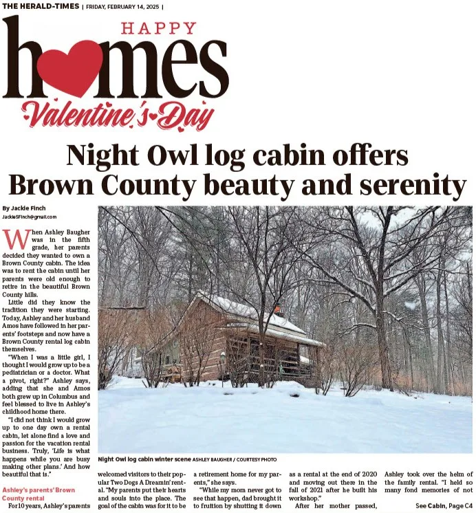 The Herald-Times news clipping: Night Owl log cabin offers Brown County beauty and serenity