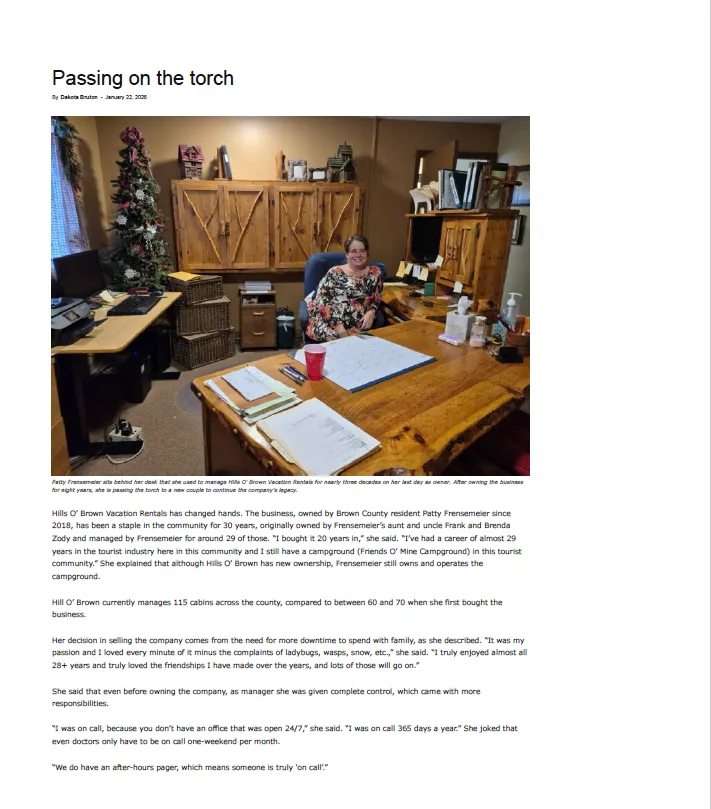 Brown County Democrat news clipping: Hills O' Brown Vacation Rentals has changed hands.