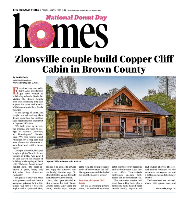 The Herald Times news clipping: Zionsville couple build Copper Cliff

Cabin in Brown County